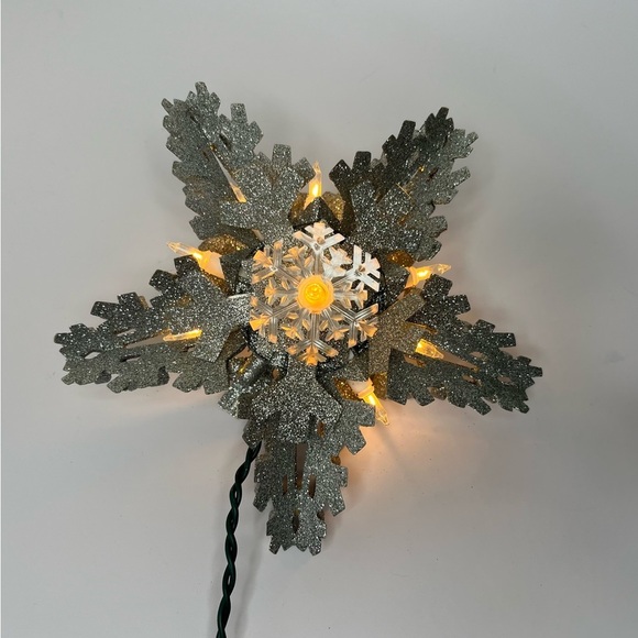 Snowflake Christmas Tree Topper Silver Glitter White Lighted 8" Diameter - Picture 3 of 5